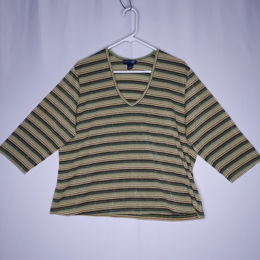 Venezia Vtg Metallic Stripe Top Women 18/20 Green Brown Grunge Forest 90s Baddie